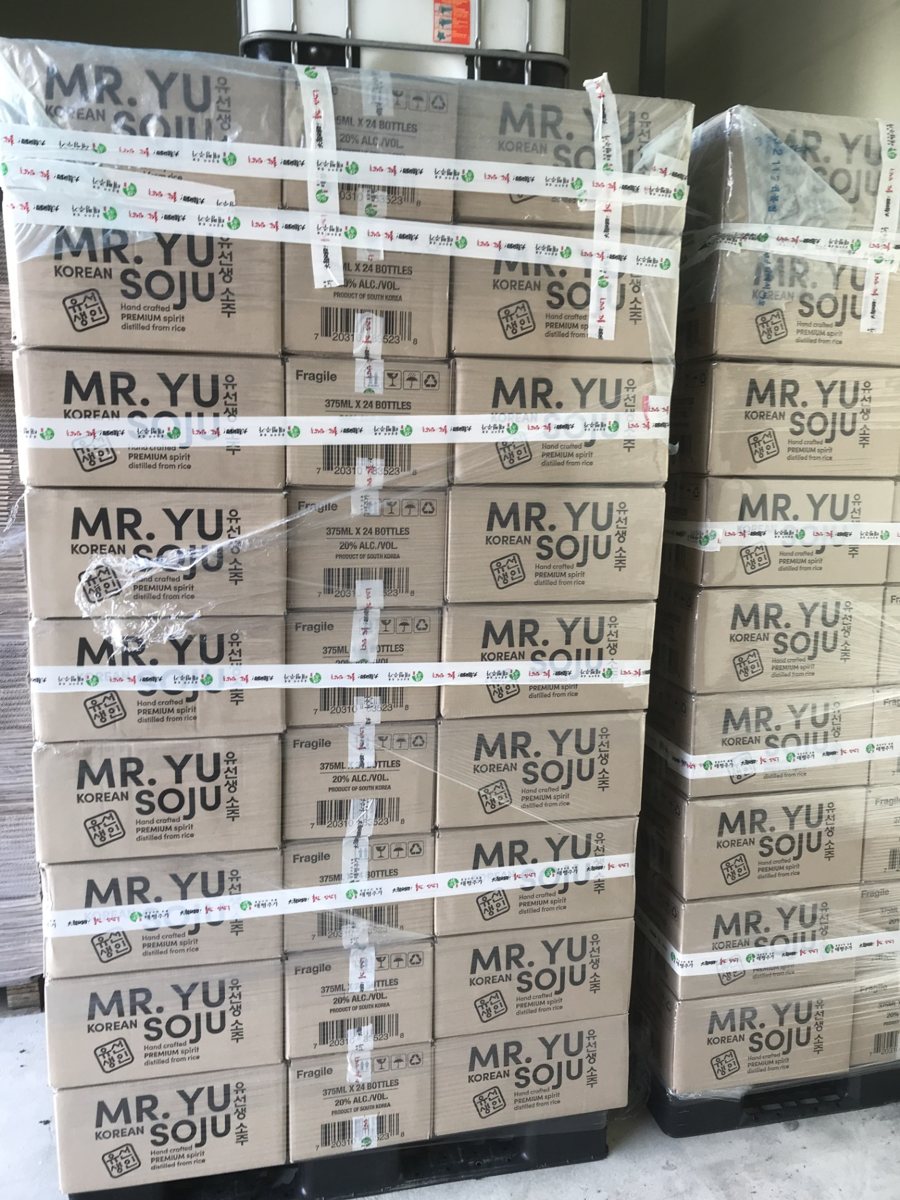 Pallets of MR.YU Korean Soju master cases, 375 mL x 24 bottles