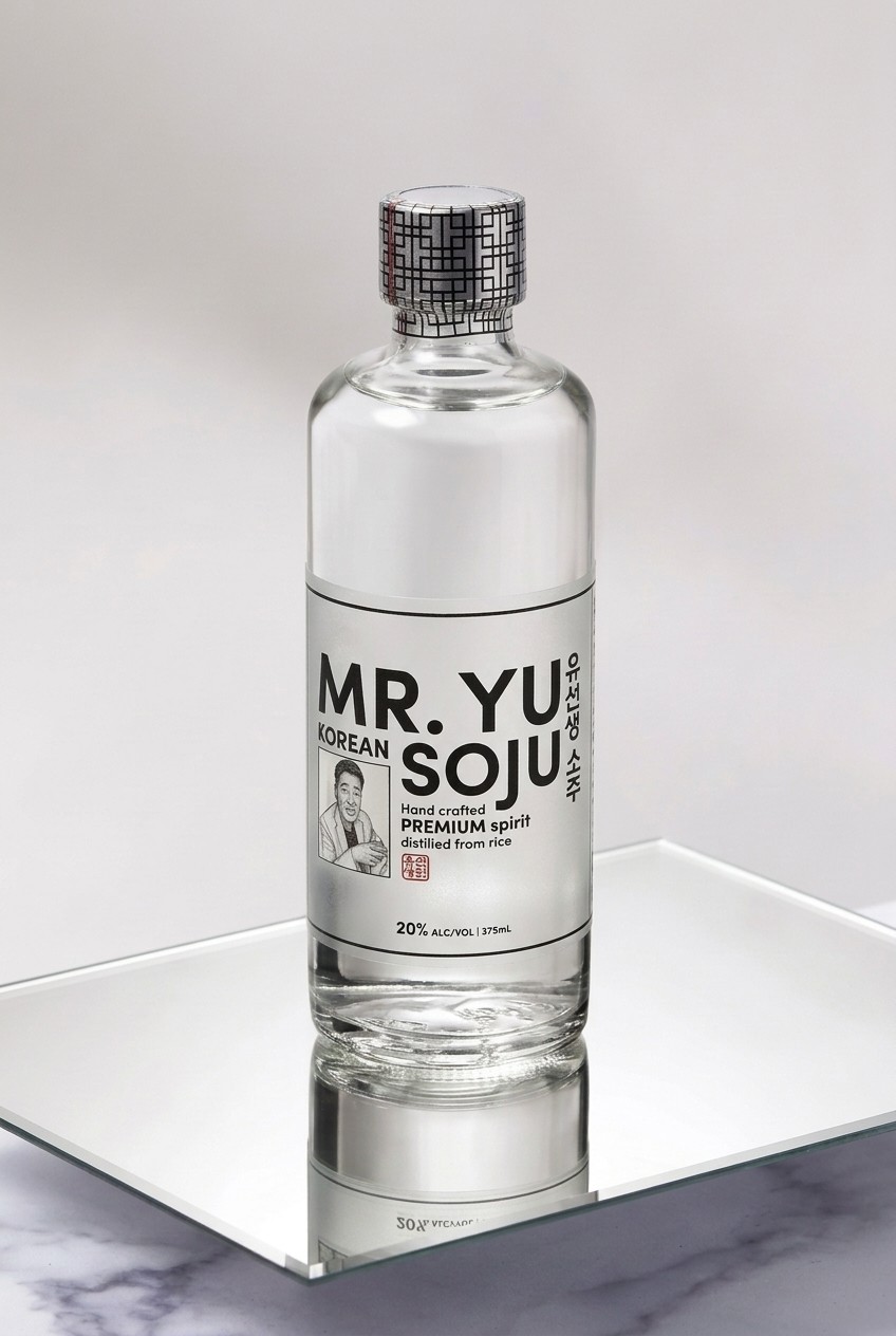MR.YU Premium bottle, 20% ALC/VOL, 375 mL, standing on a mirror